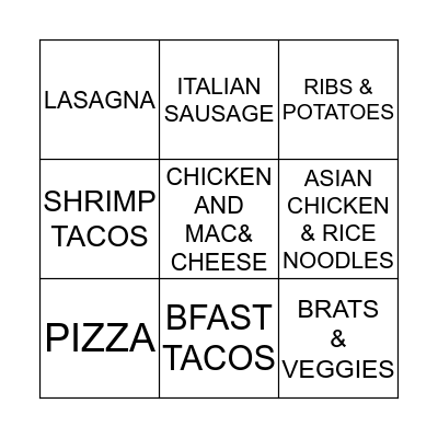 Dinner Bingo Card