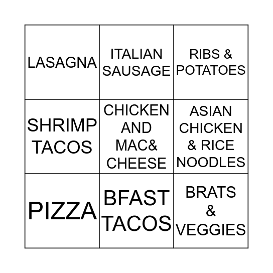 Dinner Bingo Card