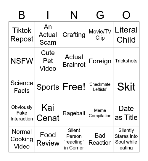 YouTube Shorts Bingo Card