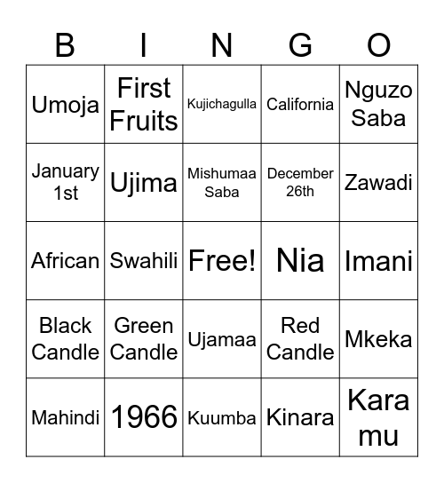 Official Kwanzaa Bingo Card
