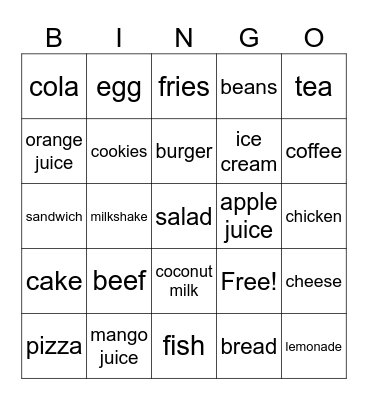 Dinner Menu Bingo Card