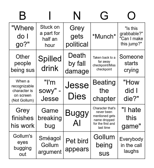 Gollum Game Bingo Card