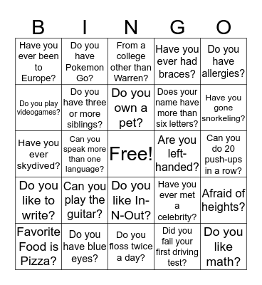 The In's-N-Out's of You Bingo Card