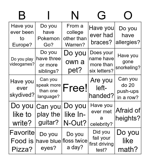 The In's-N-Out's of You Bingo Card
