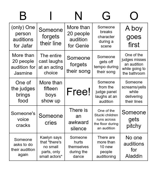 Audition Bingo Card