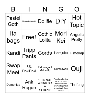Alternative Fashion From the East to the West Bingo Card