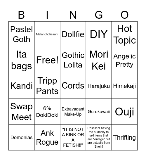 Alternative Fashion From the East to the West Bingo Card