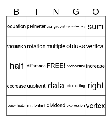 Math Vocabulary Bingo Card