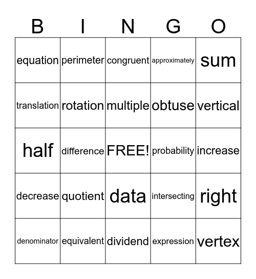 Math Vocabulary Bingo Card