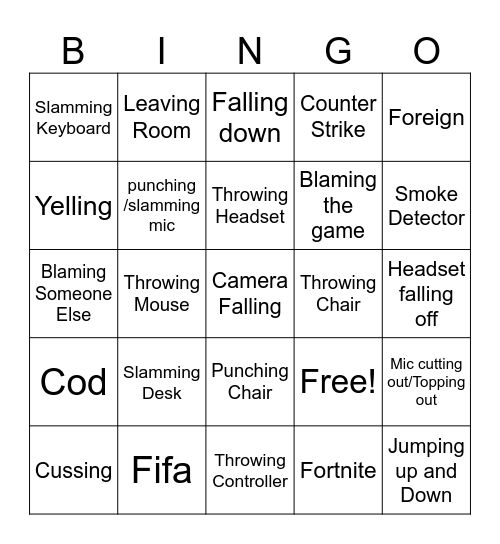 Gamer Rage Bingo Card