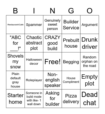 Bloxburg Bingo Card