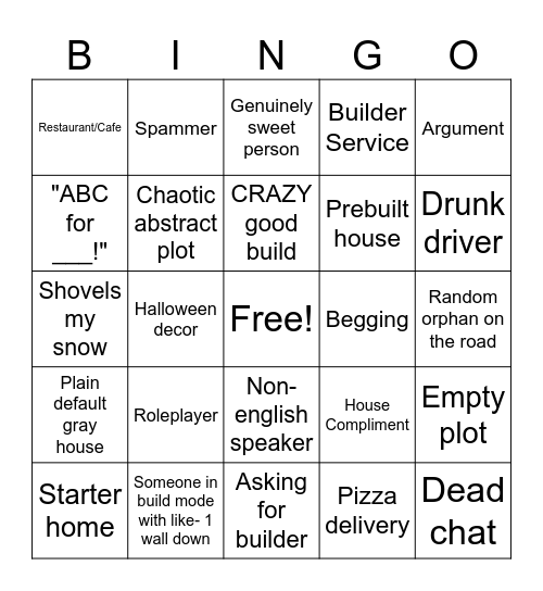 Bloxburg Bingo Card