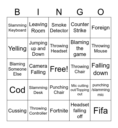 Gamer Rage Bingo Card