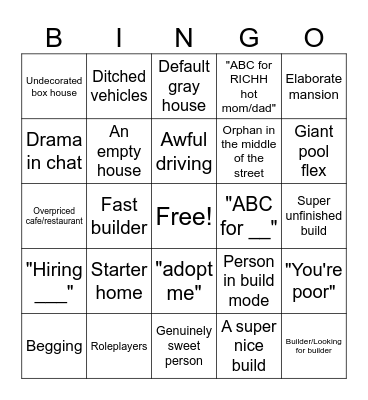 Bloxburg bingo Card