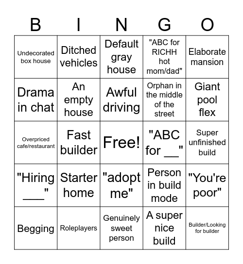 Bloxburg bingo Card