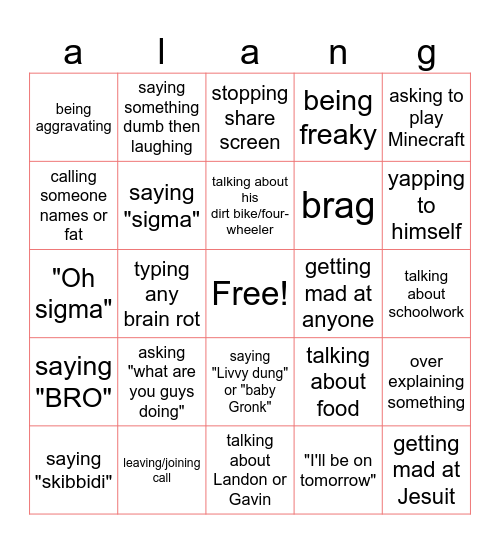 alan bingo (jan 4/5 played from 5-12) Bingo Card