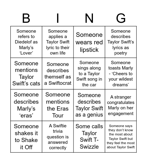 Marly’s Batchelorette Bingo Card