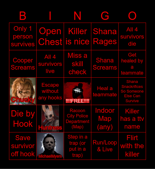 Shana's Dead By Daylight Survivor Bingo Card