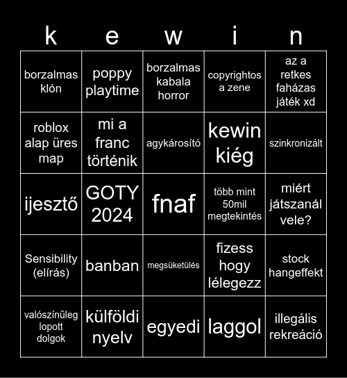 kewin bingo Card