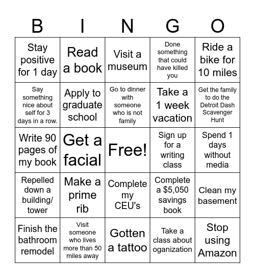 Bucket List Bingo Card