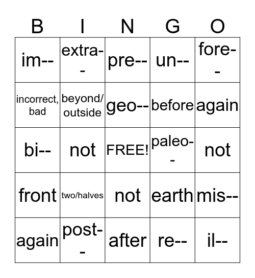 PREFIX BINGO Card