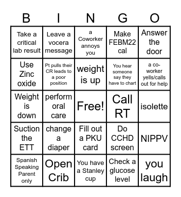 NICU NEW YEARS BINGO Card