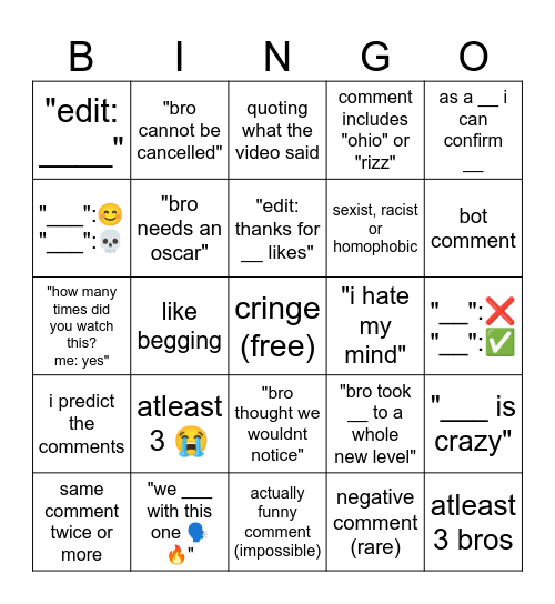 Youtube Shorts Bingo Card