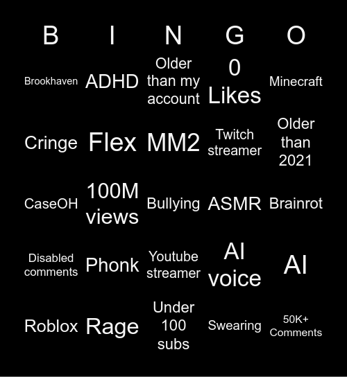 Youtube shorts BINGO Card