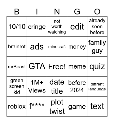 shorts Bingo Card