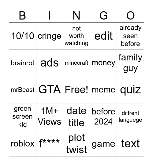 shorts Bingo Card