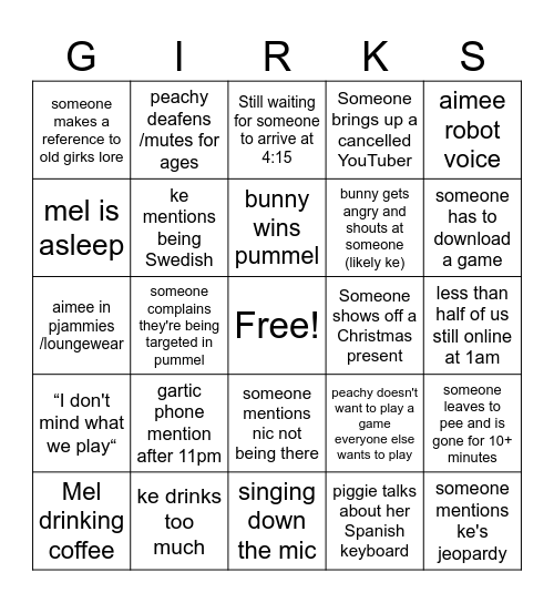 Girks christmas Bingo Card
