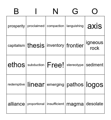 Glossary Words January 2025 Bingo Card