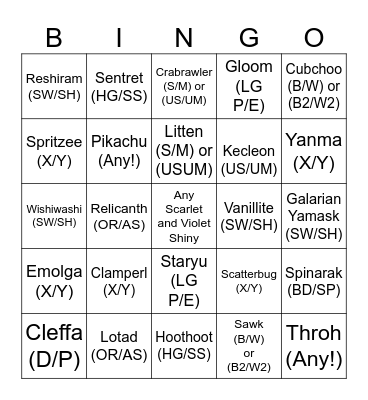 2025 Shiny Pokemon Bingo Card