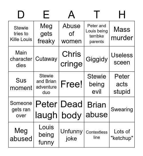 Family Guy bingo Card