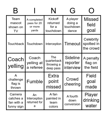 Football Game Bingo Card