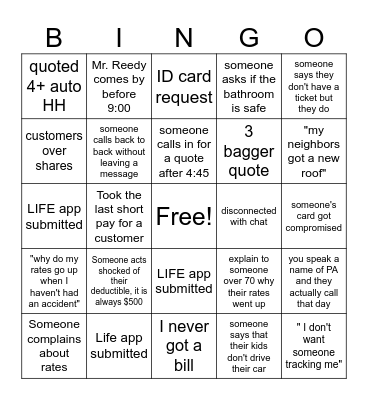 State Farm Bingo Card