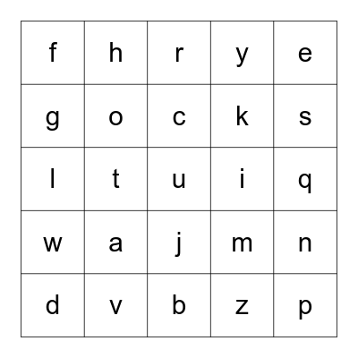 Lowercase Letter (Alphabet) Bingo Card