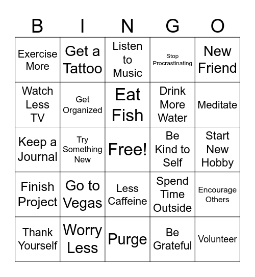 New Year's Eve Resolution BINGO Card