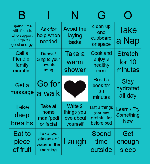 Self-Care Bingo Challenge Bingo Card