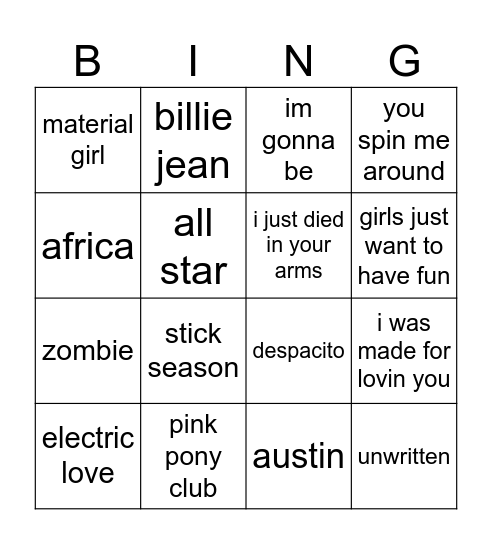 NYE Bingo Card