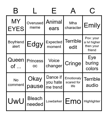 Gacha cringe bingo Card