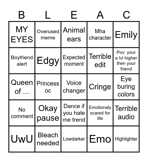 Gacha cringe bingo Card