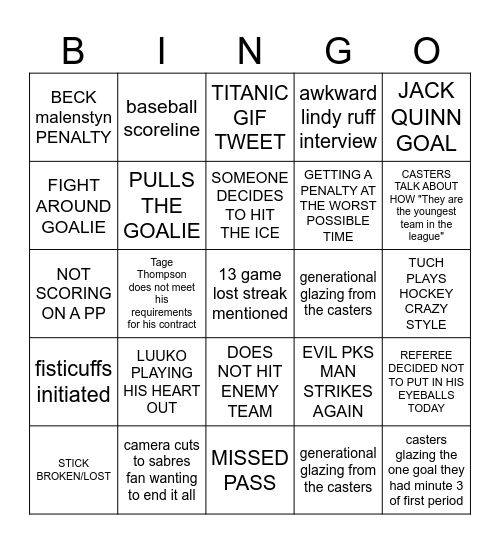 SABRES BINGO Card