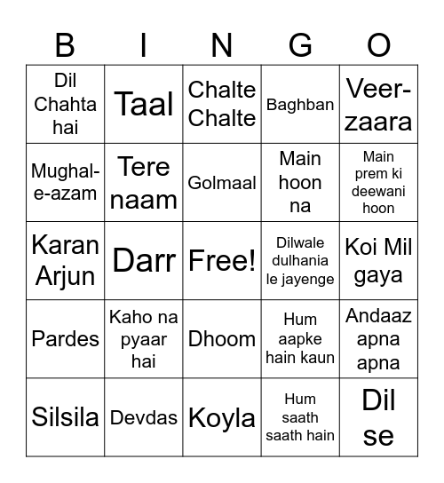 Bollywood Bingo Card