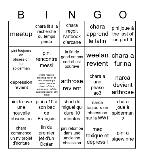bingo 2025 de Pini et Chara Bingo Card