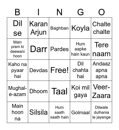 Bollywood bingo Card