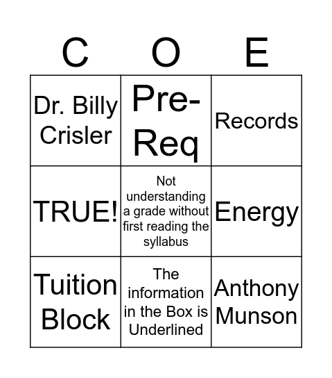 COE Academic Advising BINGO Card