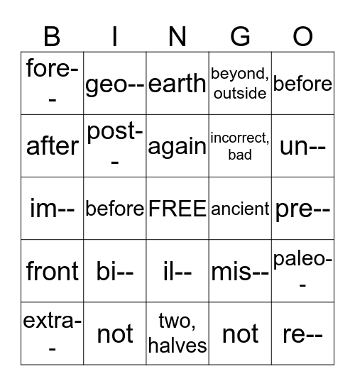 PREFIX BINGO Card