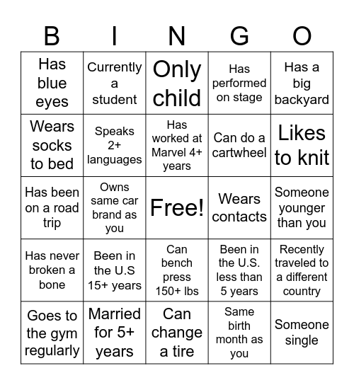 Marvel Ice Breaker Bingo Card