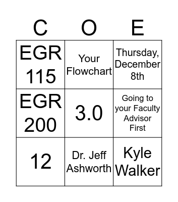 COE Academic Advising BINGO Card